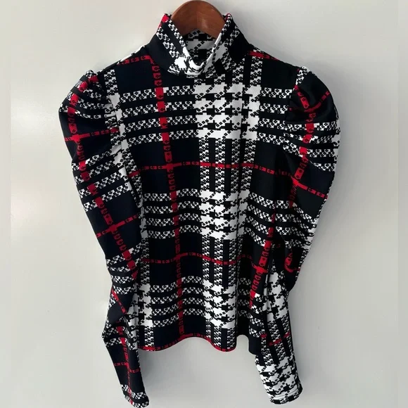 High Neck Gigot Sleeve Plaid Top - Picture 4 of 7